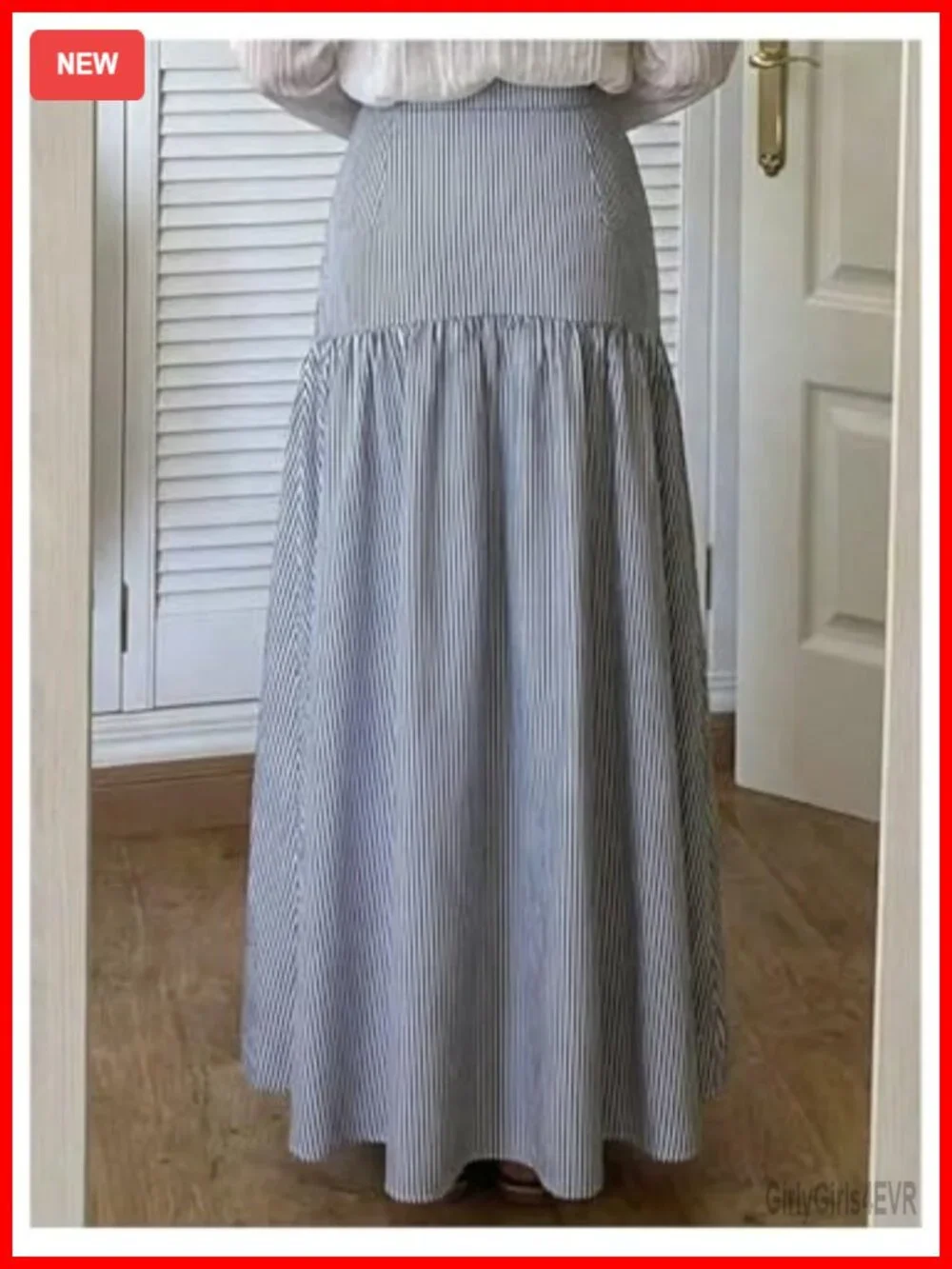 Striped High Waist Ruffle Hem Flowy A-Line Maxi Skirt